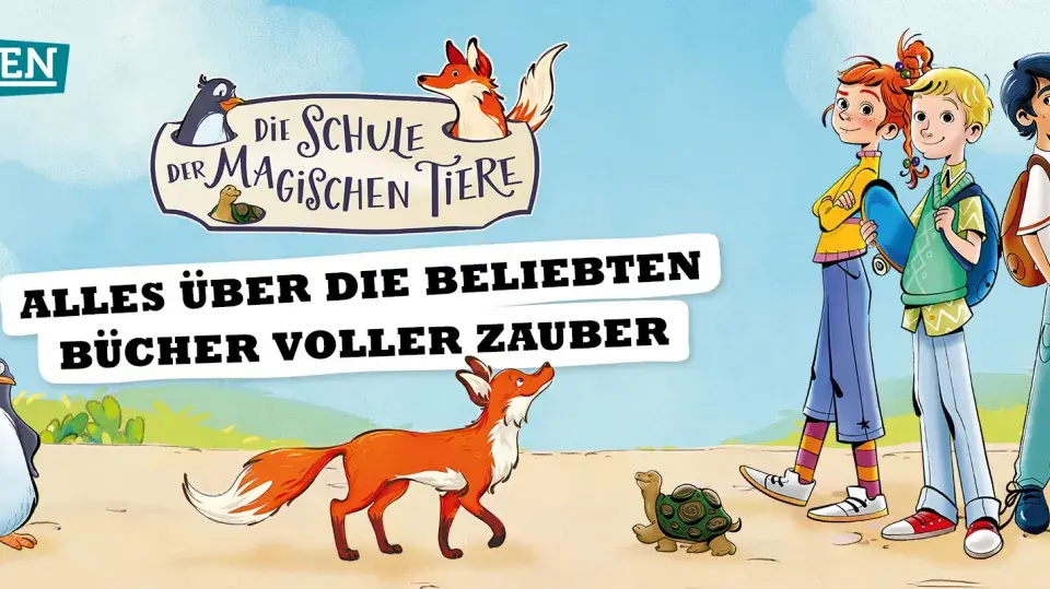 Illustration für die buch schule der magischen tiere: Kinder und Tiere, die Abenteuer erleben.