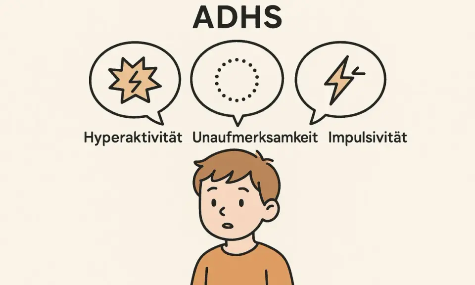 Ein Junge mit ADHS, dessen Gedanken von Hyperaktivität, Unaufmerksamkeit und Impulsivität geprägt sind.