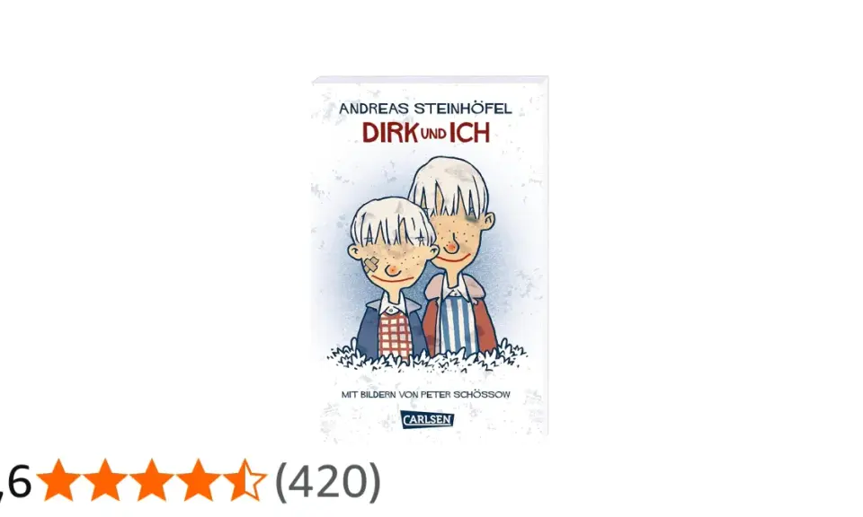 Buchcover "Dirk und ich" von Andreas Steinhöfel. Zwei Jungen mit blonden Haaren und Sommersprossen, einer mit Pflaster auf der Wange.