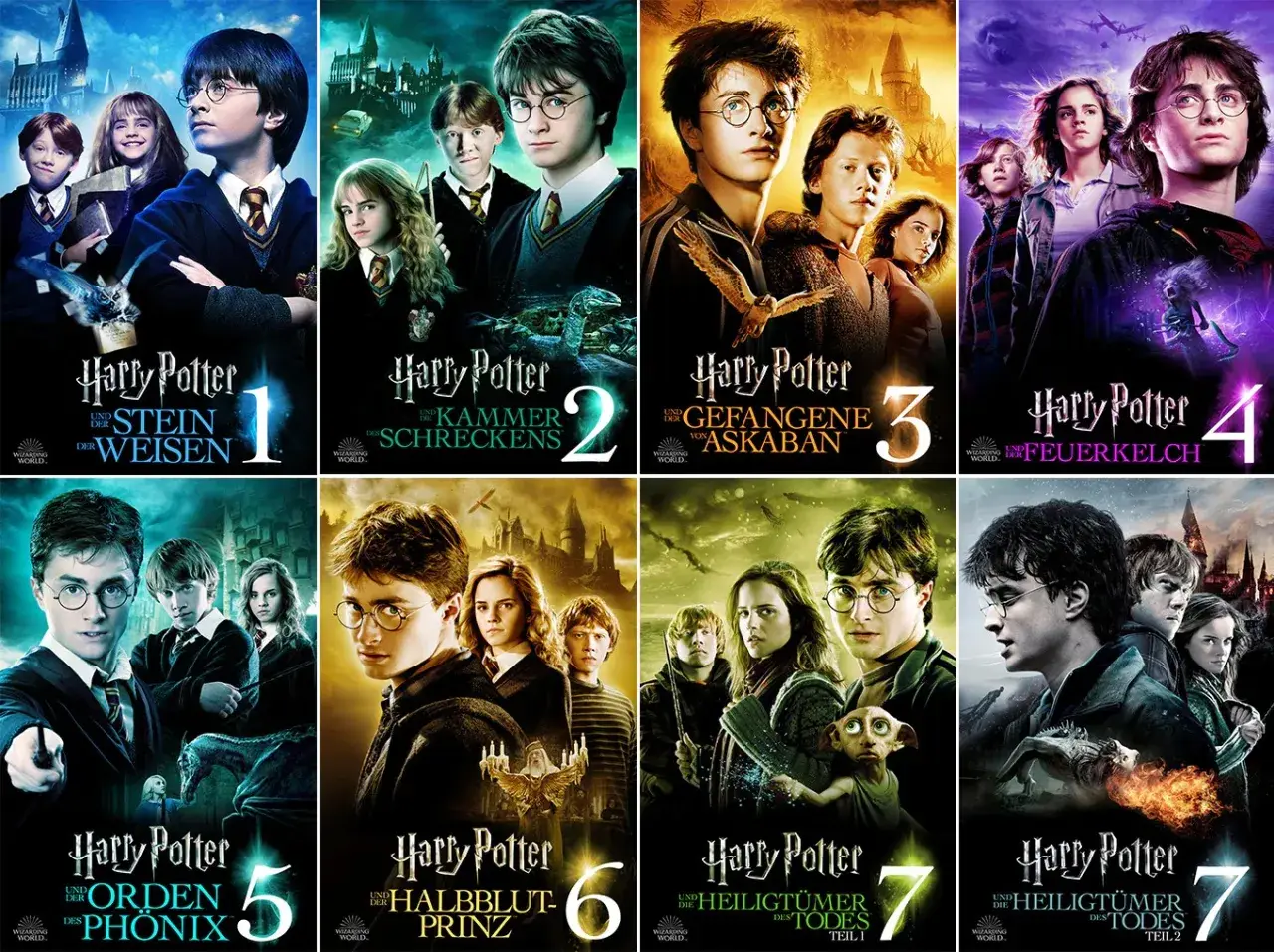 Die Harry Potter Reihenfolge: Stein der Weisen bis Heiligtümer des Todes Teil 2. Die Filme zeigen Harry, Ron und Hermine in ihren magischen Abenteuern.