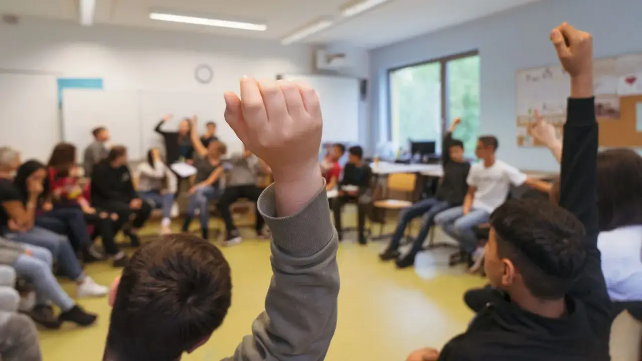Sch&uuml;ler heben die Hand in einer lebhaften Klassenstunde. Viele Ideen werden hier gesammelt, was tolle klassenlehrerstunde ideen hervorbringt.