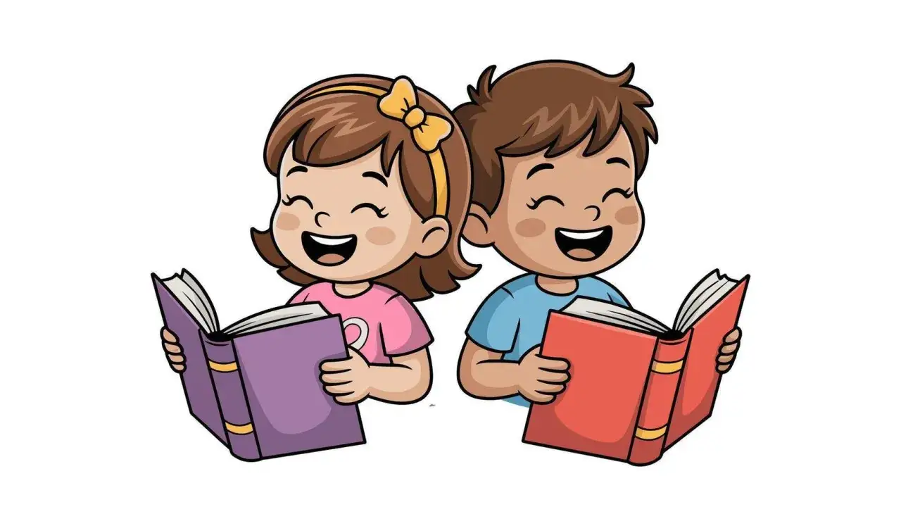 Zwei lachende Kinder lesen begeistert B&uuml;cher. Ein tolles Bild, um kinder motivieren mitzumachen und die Freude am Lesen zu entdecken.