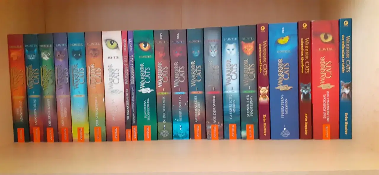 Warrior Cats Staffel 1: Die ersten Abenteuer der Kriegerkatzen-Reihe von Erin Hunter, geordnet auf einem Regal.