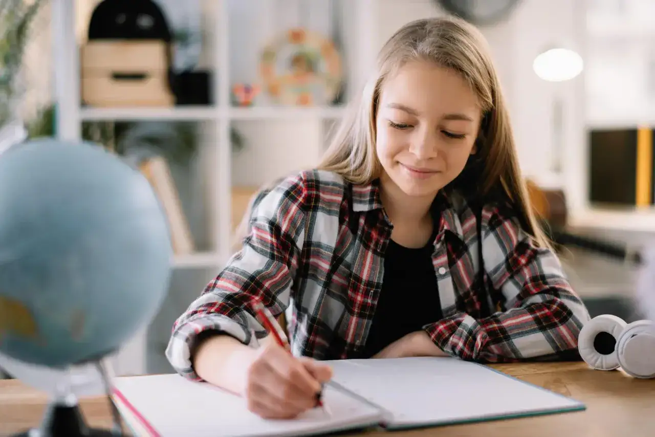 Ein Mädchen mit blonden Haaren schreibt konzentriert in ein Notizbuch. Ein Globus und Kopfhörer liegen auf dem Tisch. Sie erhält Hilfe bei Hausaufgaben.