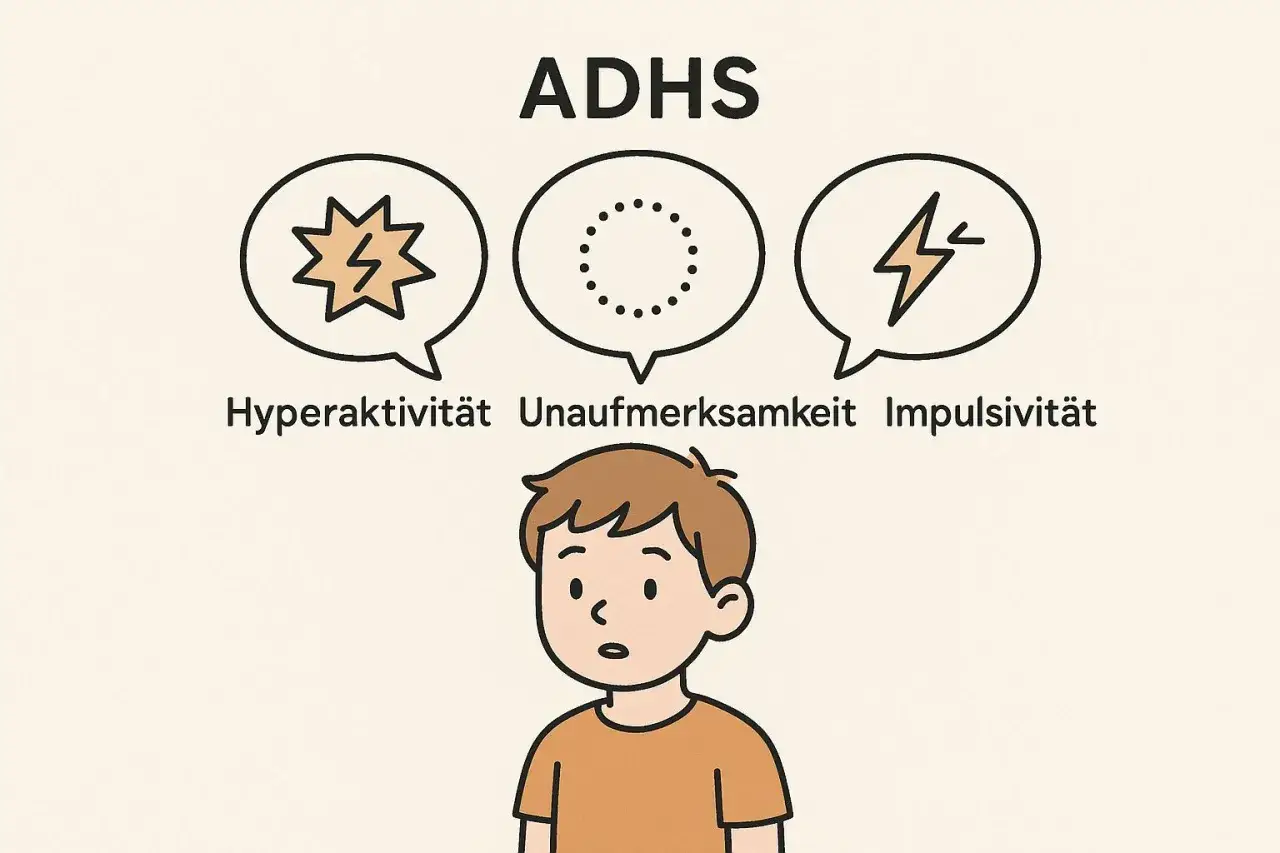 Ein Junge mit ADHS, dessen Gedankenwolken Hyperaktivität, Unaufmerksamkeit und Impulsivität symbolisieren. Die Darstellung zeigt die Vielfalt der ADHS-Emotionen.