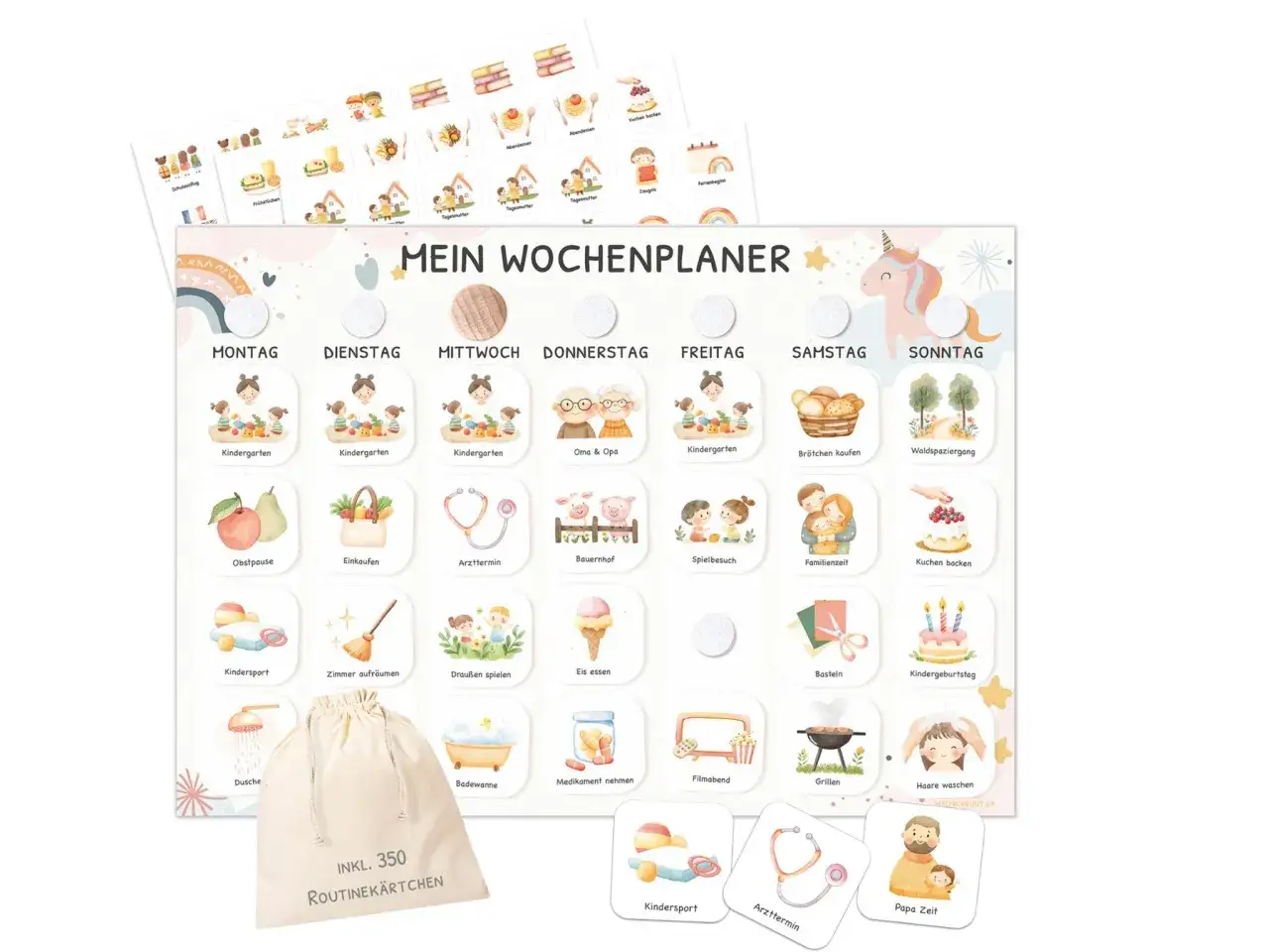 Ein Wochenplaner mit bunten Symbolen für Aktivitäten wie Kindergarten, Arzttermin und Spielen. Hilft, den Alltag eines hyperaktiven Kindes zu strukturieren.