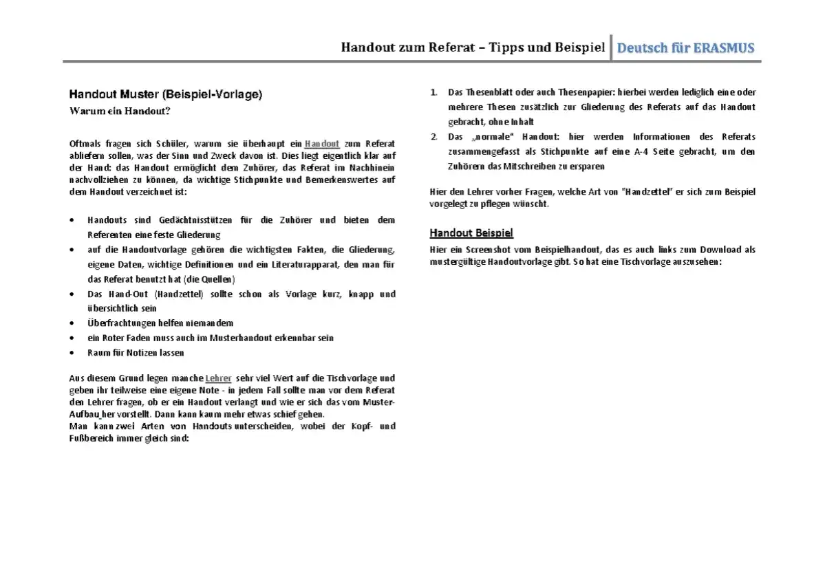 Handout Beispiel: Ein Musterhandout für Referate, das als Vorlage dient und den Zuhörern hilft, wichtige Punkte nachzuvollziehen.