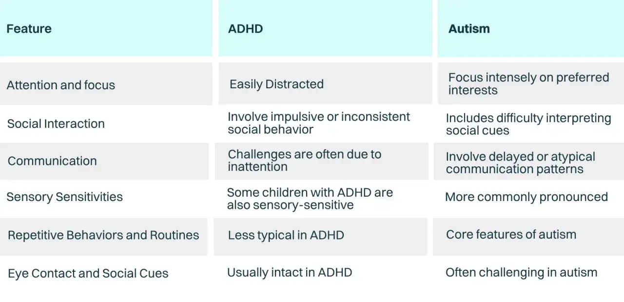 Vergleichstabelle: ADHD vs. Autismus. Zeigt, dass ist ADHS angeboren und wie sich Merkmale wie Aufmerksamkeit, soziale Interaktion und Kommunikation unterscheiden.