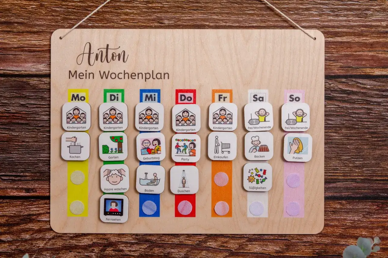Ein Wochenplan f&uuml;r Anton hilft beim Umgang mit Asperger Kindern. Visuelle Symbole f&uuml;r Kindergarten, Kochen, Garten, Geburtstag, Party, Einkaufen, Backen, Putzen, Haare waschen, Baden, Duschen, Fernsehen und S&uuml;&szlig;igkeiten.