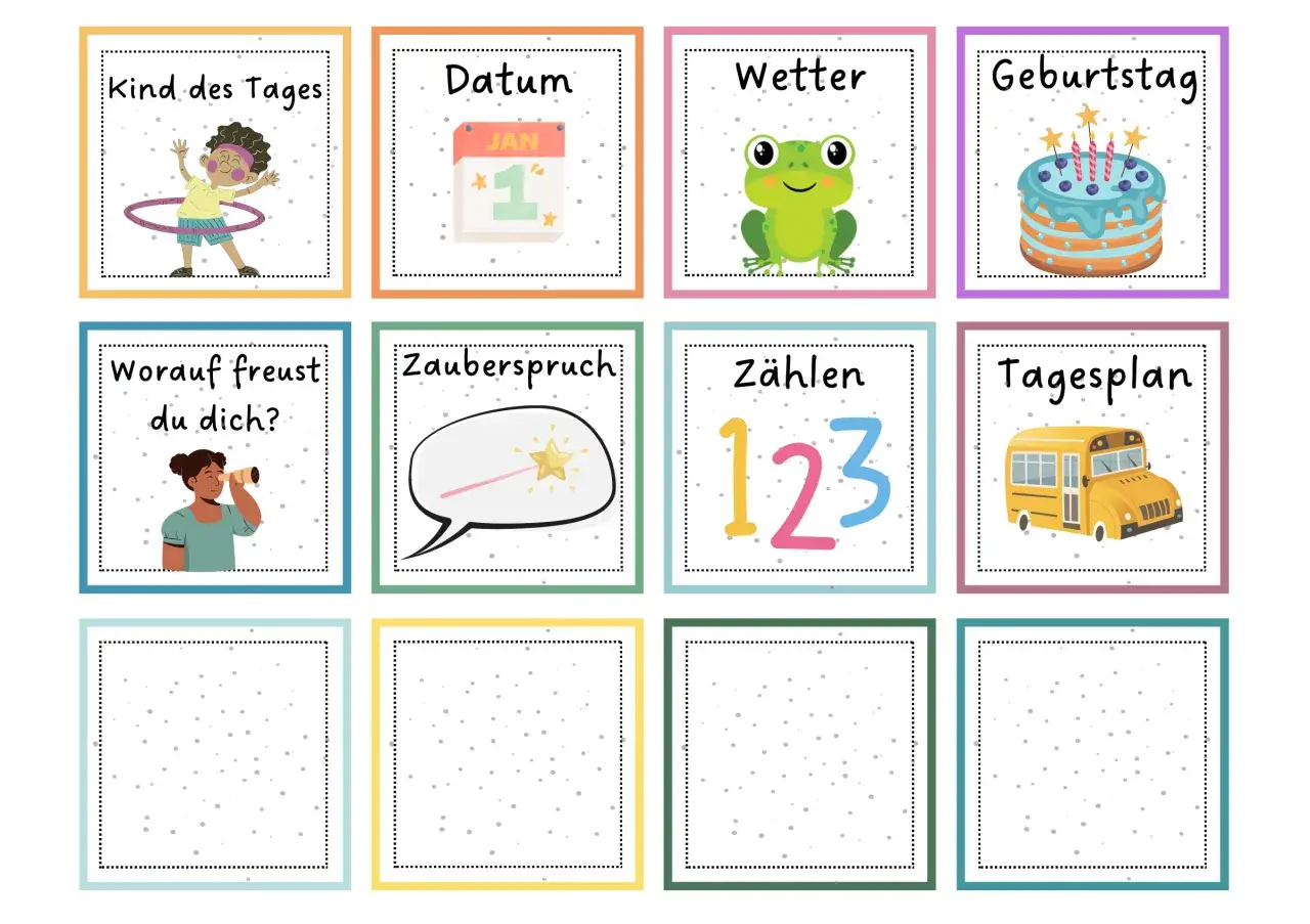 Ein fr&ouml;hliches Kind des Tages mit Reifen, ein Kalender, ein Frosch, ein Geburtstagskuchen, ein M&auml;dchen mit Fernrohr, ein Zauberspruch und Zahlen 123.