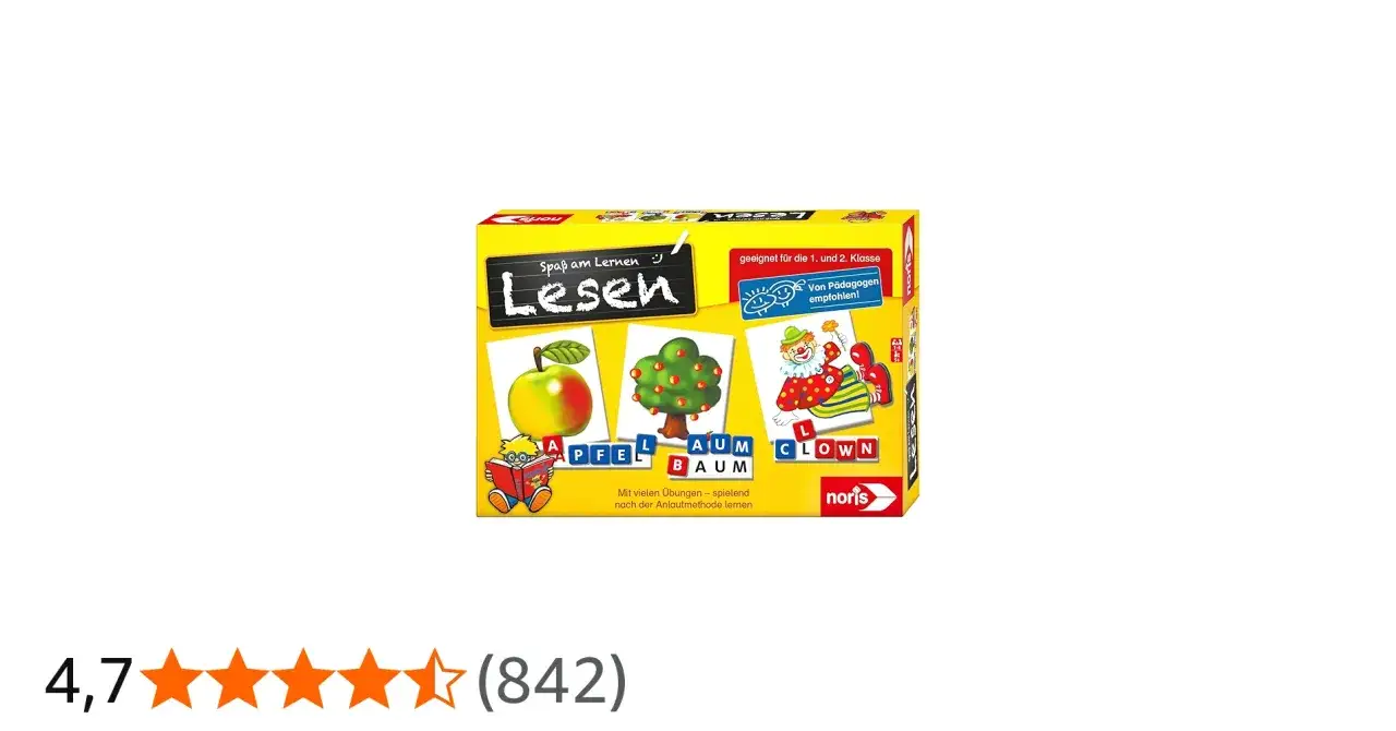 Spielerisch lesen lernen mit dem Noris Lesespiel. Bilder von Apfel, Baum und Clown helfen Kindern der 1. und 2. Klasse beim spielerischen Lesen.