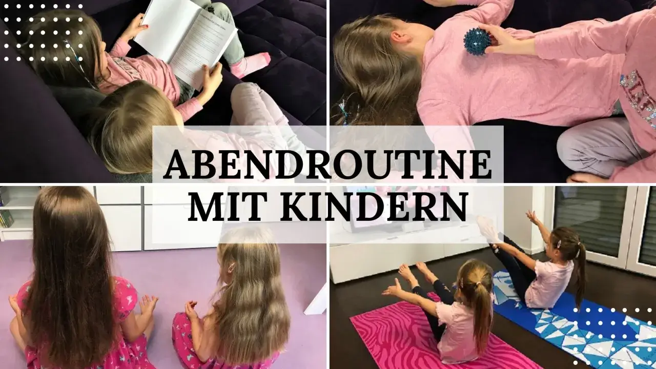Kinder machen ein Abendritual: Lesen, Massage, Yoga und Entspannung.