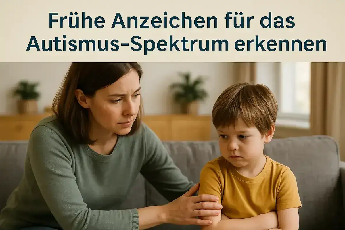 Besorgte Mutter tröstet ihren Sohn. Früh kann man Autismus feststellen, wenn man auf Anzeichen achtet.