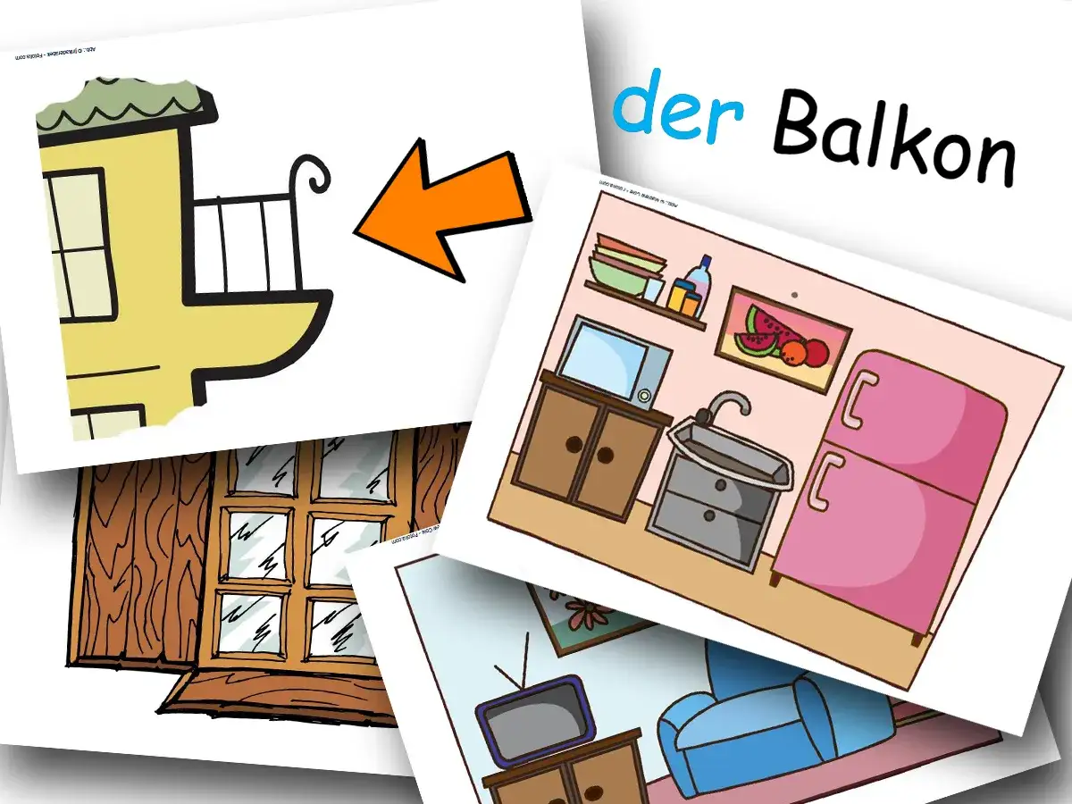 Illustrationen für den Deutschunterricht: Ein Haus mit Balkon, ein Fenster, eine Küche und ein Wohnzimmer.