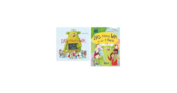Zwei Buchcover von Daniela Kunkel: Ein grünes Monster mit Kindern vor der Schule und ein weiteres mit Kindern vor der 1. Klasse.