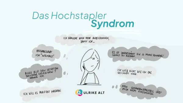 Das Hochstapler-Syndrom: Eine Frau mit Gedankenblasen, die Selbstzweifel und Perfektionismus thematisieren.