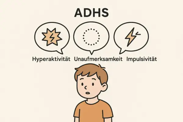 Ein Junge mit ADHS, dessen Gedanken von Hyperaktivität, Unaufmerksamkeit und Impulsivität geprägt sind.