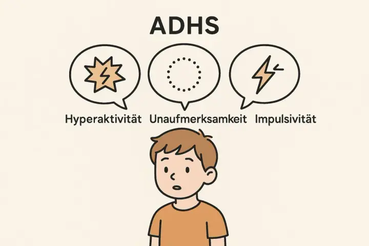 Ein Junge mit ADHS, dessen Gedanken von Hyperaktivität, Unaufmerksamkeit und Impulsivität geprägt sind.