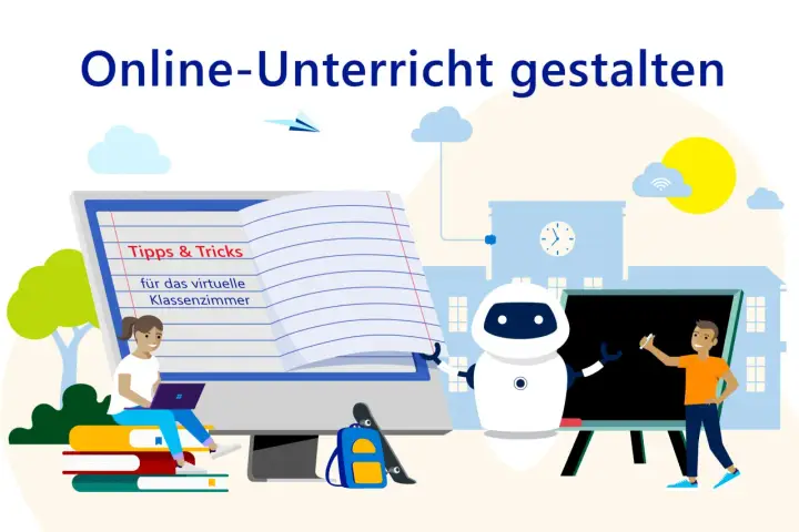 Ein Mädchen lernt am Laptop, ein Roboter und ein Schüler am Whiteboard – so wird digitaler Unterricht lebendig.