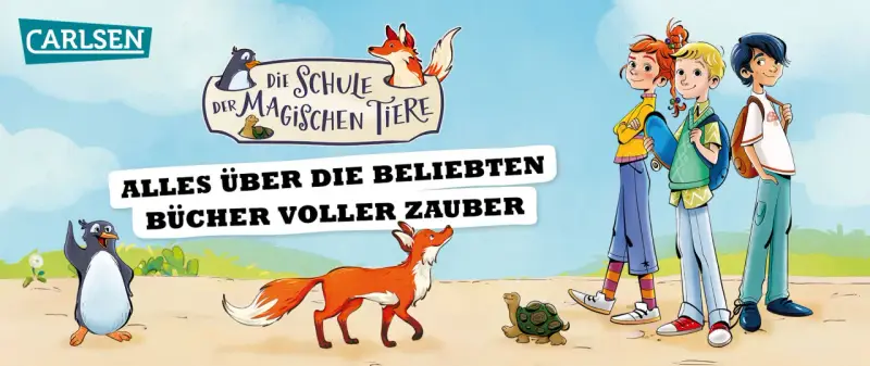 Illustration für die buch schule der magischen tiere: Kinder und Tiere, die Abenteuer erleben.