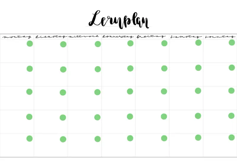 Leerer Lernplan Grundschule Vorlage mit grünen Punkten, die Lernzeiten markieren.