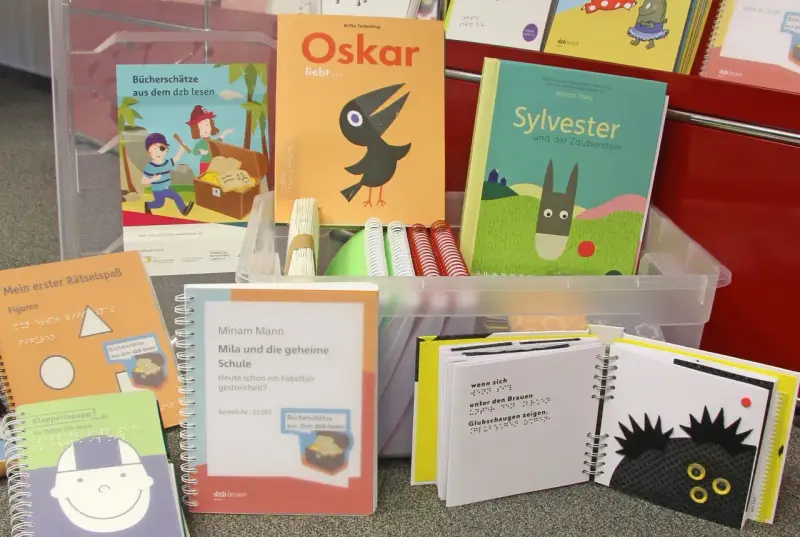Bilderbücher mit Brailleschrift für das Lesen mit Kindern. Piraten, ein Vogel und ein Zauberstein laden zum Entdecken ein.